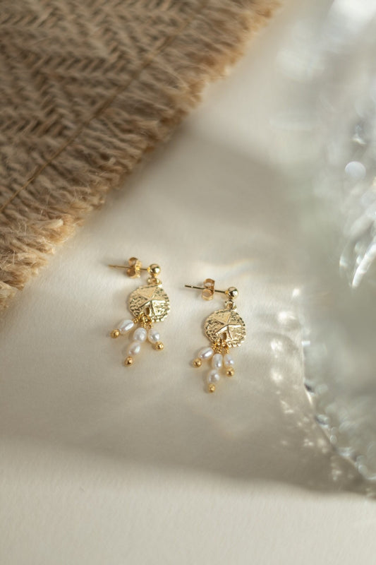 Boho Ohrringe Gold mit Muschel Anhänger • Süßwasserperlen • 14K Gold Filled